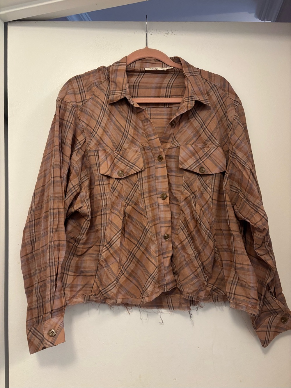 Million Women's Plaid Button-Up Shirt boho thin - Rust Tan